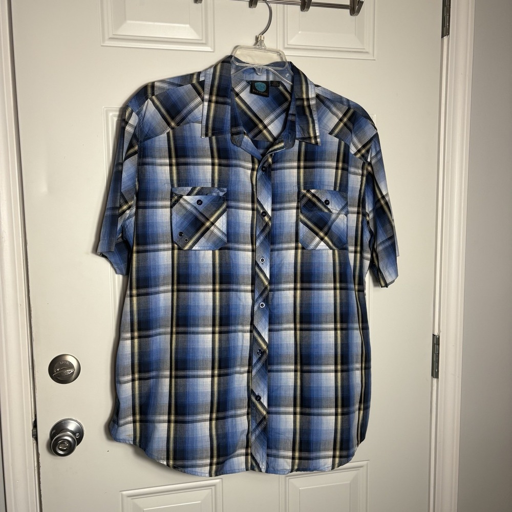 Burnside‎ Shirt Mens 3XL Button Up Short Sleeve Blue Plaid Casual Pockets